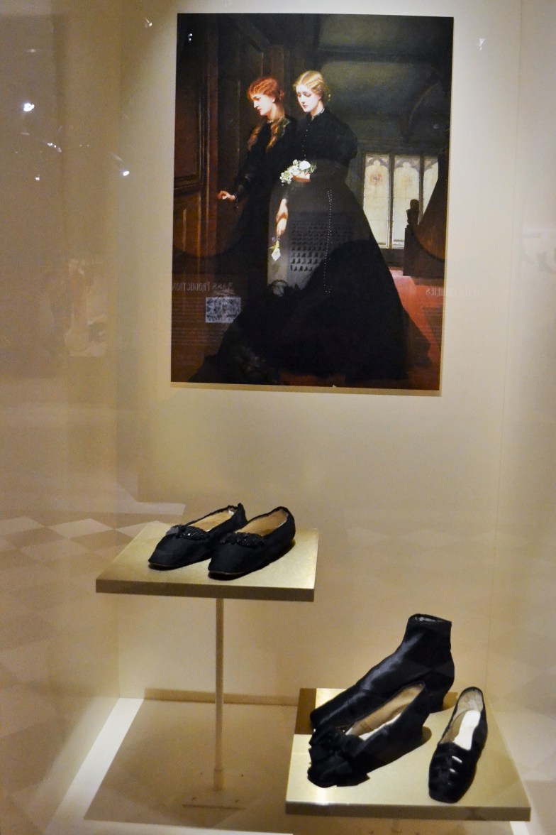 Mourning clothes were part of the elaborate Victorian rituals inspired by Queen Victoria. Women in mourning were expected to follow a strict and fashionable dress code, wearing full black outfits for up to two years.  Shoes: Victorian slippers, c.1860s (Collection of the Bata Shoe Museum) 