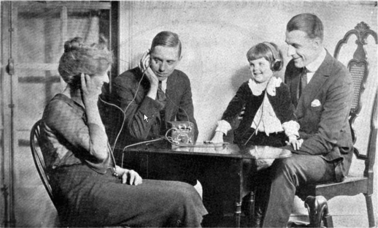 A family listening to a crystal radio, 1920s. From a 1922 advertisement for Freed-Eisemann radios in Radio World magazine. (Wikipedia)