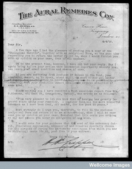 Letter from H.H. Crippen to a clinent from the Aural Remedies Co., dated 4 April 1910. Wellcome Images Collection.  