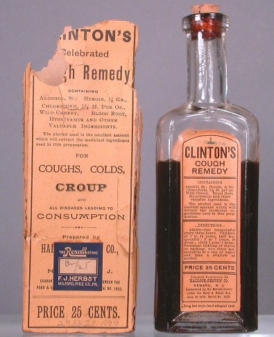 Clinton's Cough Remedy (1908-1918), "for coughs, colds, croup, and all diseases leading to consumption," made by the Hallock-Denton Company. Active drug ingredients include:  alcohol 9%, heroin 1/8 gr., chloroform 3 3/4 m. per oz., wild cherry, blood root, and hyoscyamus. National Museum of American History, Kenneth E. Behring Center