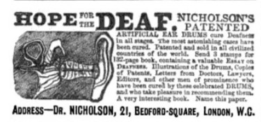 Advertisement for Nicholson's Artificial Eardrums in Macmillian Magazine, 1888.